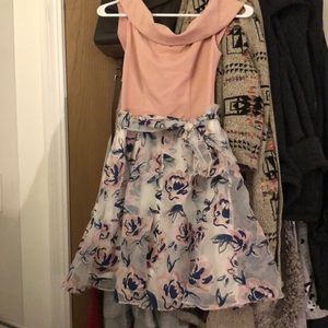 off the shoulder pink and navy floral dress